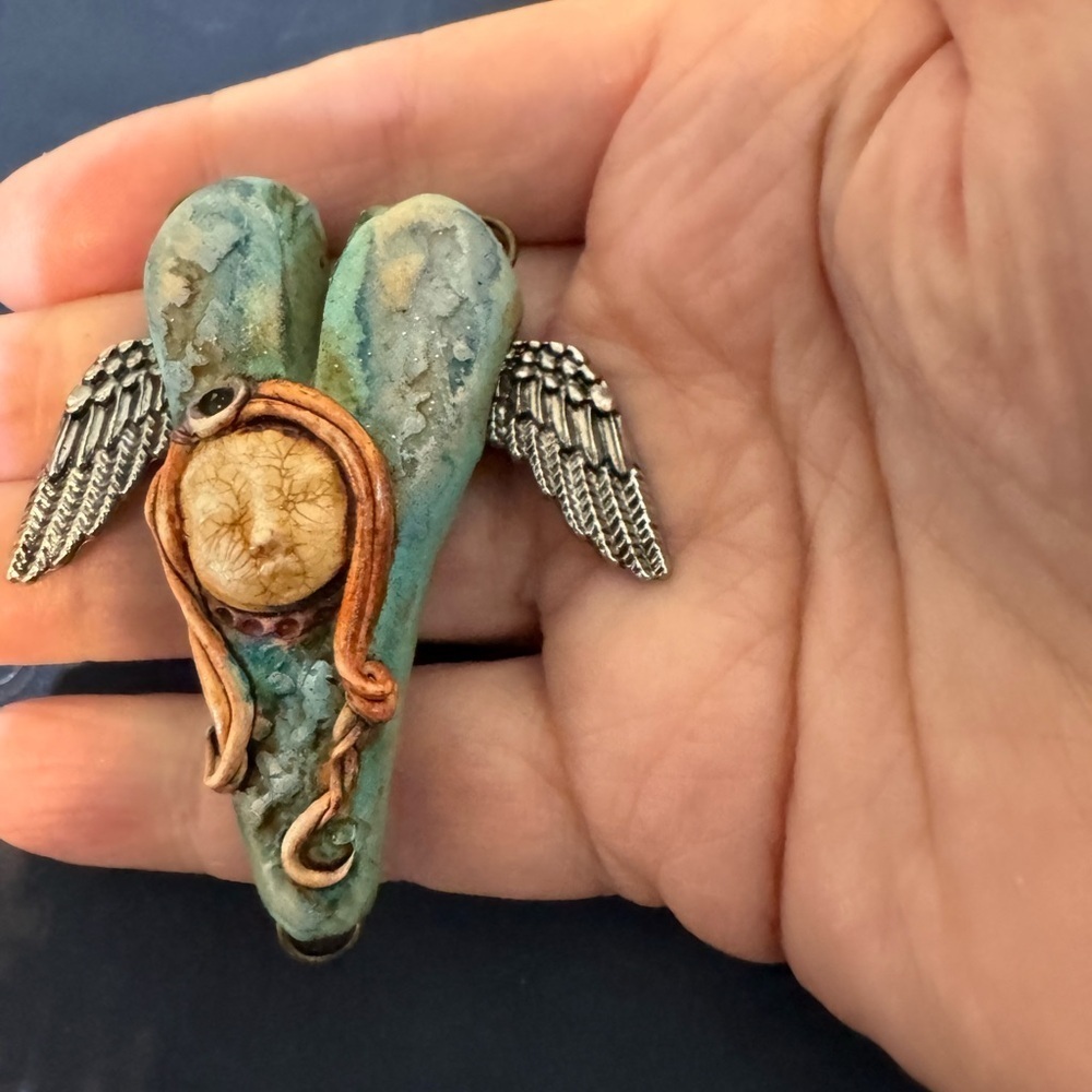 Artistic Winged goddess pendant with Blue and Orange Accents - Picture 4 of 7